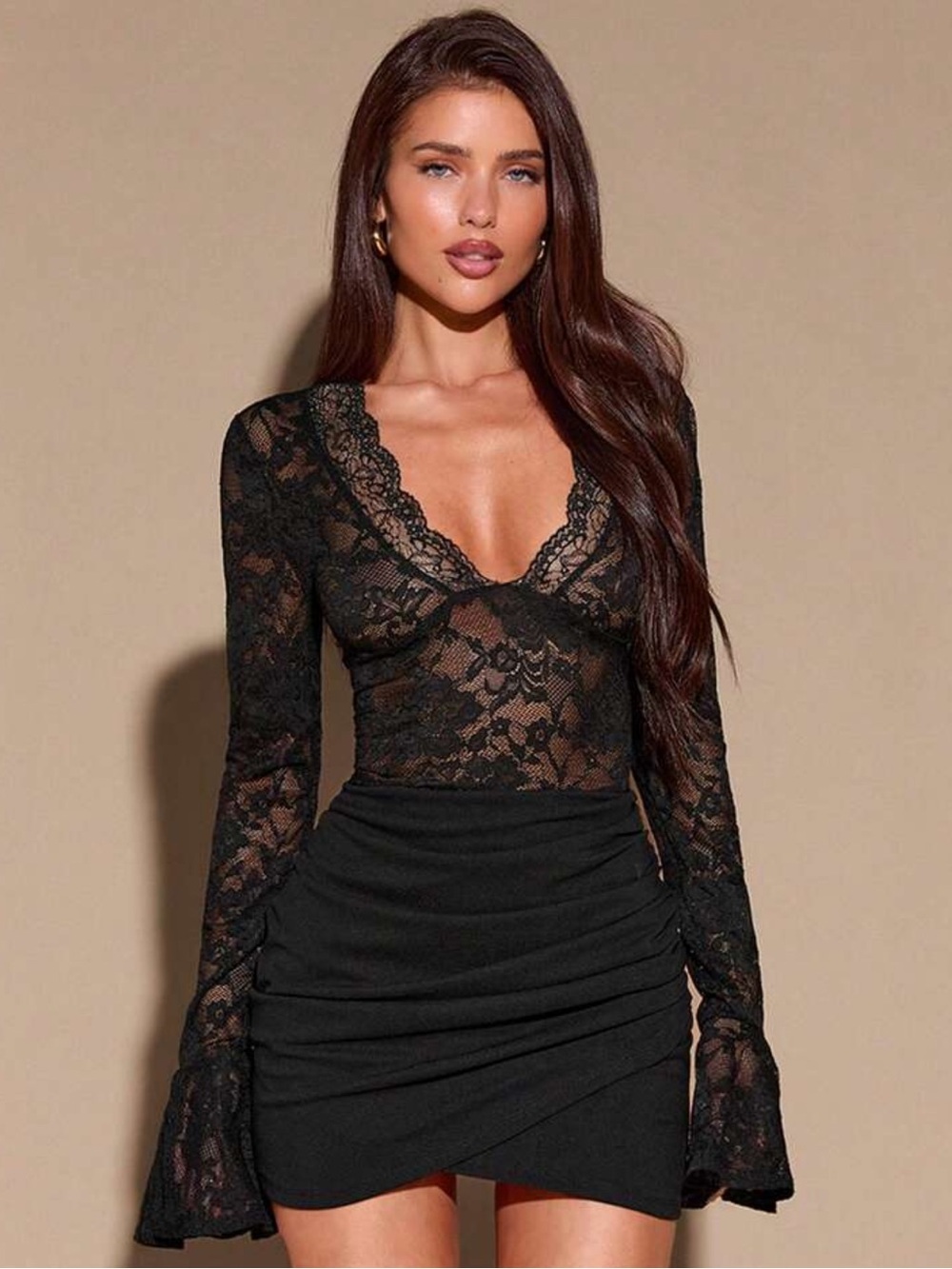 Autumn/Winter Solid Color Sexy Deep V-Neck Long Sleeve Sheer Lace Body